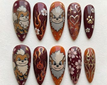 Presse pour chien anime fait main sur les ongles | Motif patte coeur flamme | Ensemble d'ongles rouges kawaii mignons