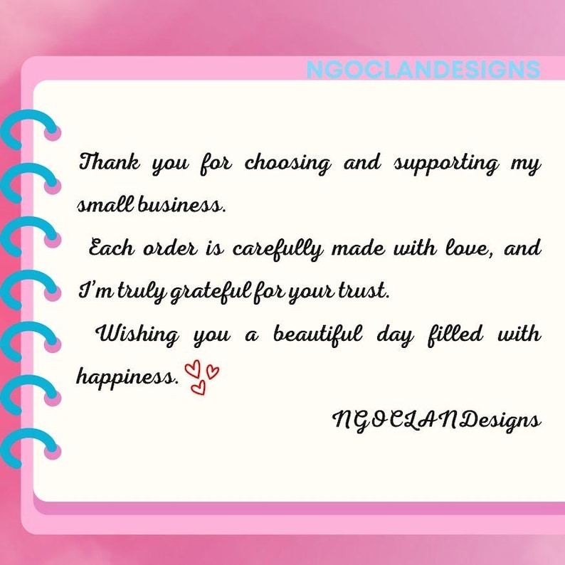 Puede incluir: Gr&aacute;fico rosa y blanco estilo cuaderno con el texto "Gracias por elegir y apoyar mi peque&ntilde;a empresa". El texto adicional incluye "Cada pedido est&aacute; cuidadosamente hecho con amor, y estoy realmente agradecido por tu confianza."