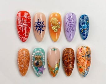 Handmade Nami Inspired Press On Nails | Luxury Treasure Map & Nautical Art | Summer Anime Custom Nails Set