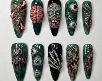 Handmade Realistic Zombie Horror Press On Nails, 3D Exposed Brain Eyeballs, Bloody Gore False Nails, Scary Halloween Costume Prop