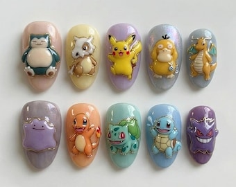 Handmade Kawaii Monster Press On Nails | Luxury Pikachu Charmander Bulbasaur Art | Cute Pastel Gamer Custom Nails Set