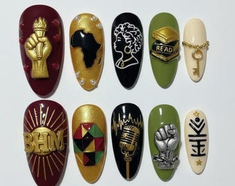 Uñas postizas artesanales con temática del Mes de la Historia Negra, diseño de mapa de África con antorcha dorada en 3D, diseño de perfil de mujer negra, uñas postizas de lujo