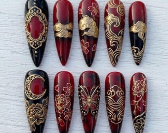 Handmade Crimson Moon Press On Nails | Japanese Wave & Gold Floral Engraving Art | Luxury Black Red Stiletto Nail Set
