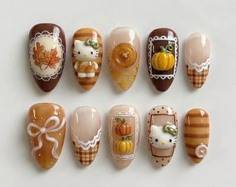 Handmade Fall Press On Nails | 3D Hello Kitty & Pumpkin Autumn Art | Brown Caramel Plaid Vintage Custom Nails Set