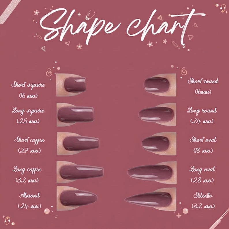 Puede incluir: Una tabla de formas de u&ntilde;as en color malva que muestra diez estilos distintos con sus longitudes en mil&iacute;metros: short square 16mm, long square 25mm, short coffin 27mm, long coffin 32mm, almond 24mm, short round 16mm, long round 24mm, short oval 18mm, long oval 28mm y stiletto 32mm.