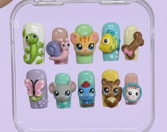 Presse sur les ongles du petit animal de compagnie fait main, art animalier 3D LPS mignon, manucure de collection d'animaux kawaii rétro
