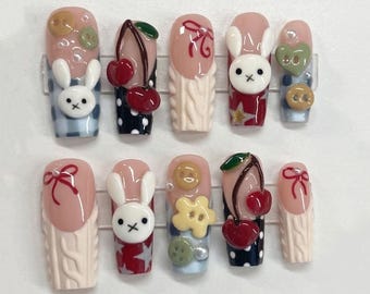 Handmade Kawaii Bunny Press On Nails | 3D Miffy Character, Cherry Charms & Knit Design | Luxury Cute Girl Almond Set