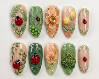 Handmade Cottagecore Garden Press On Nails | Luxury Ladybug & Wildflower Art | Botanical Green Custom Nails Set