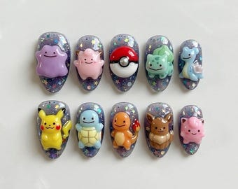 Handmade Cute Monster Press On Nails | Luxury 3D Kawaii Creature & Galaxy Art | Pastel Glitter Custom Nails Set