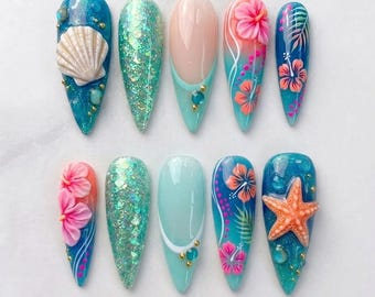 Uñas postizas de playa tropical / Uñas de verano oceánicas / Uñas de estrella de mar 3D / Uñas de flor de hibisco / Set de uñas de sirena color turquesa
