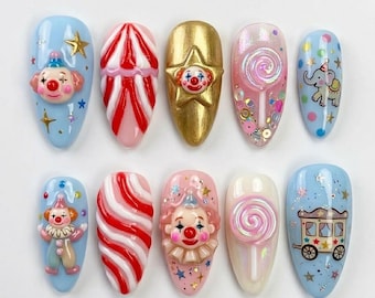 Uñas postizas de circo hechas a mano / Arte de payaso y piruleta en 3D de lujo / Set de uñas personalizadas en tonos pastel caprichosos