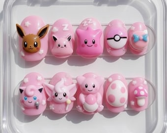 Handmade Pokemon Press On Nails, 3D Kawaii Eevee Jigglypuff Ditto Art, Pastel Pink Dreamy Gamer Manicure