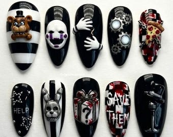 Cinq nuits chez Freddys fait main, presse sur les ongles, marionnette 3D, art de Freddy, faux ongles épargnés par l'horreur, cadeau pour joueur FNAF
