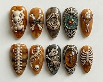 Handmade Pokemon Inspired Press On Nails | Luxury 3D Fossil Bone & Amber Art | Prehistoric Custom Nails Set
