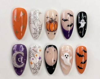 Handmade Spooky Halloween Press On Nails | Ghost Pumpkin & Bat Art | Purple Orange Spiderweb Aesthetic Custom Nails Set