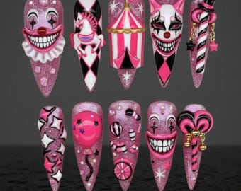 Handmade Pink Horror Circus Nails, 3D Creepy Clown Face, Killer Klown Smile, Carousel Horse, Spooky Halloween Goth Gift
