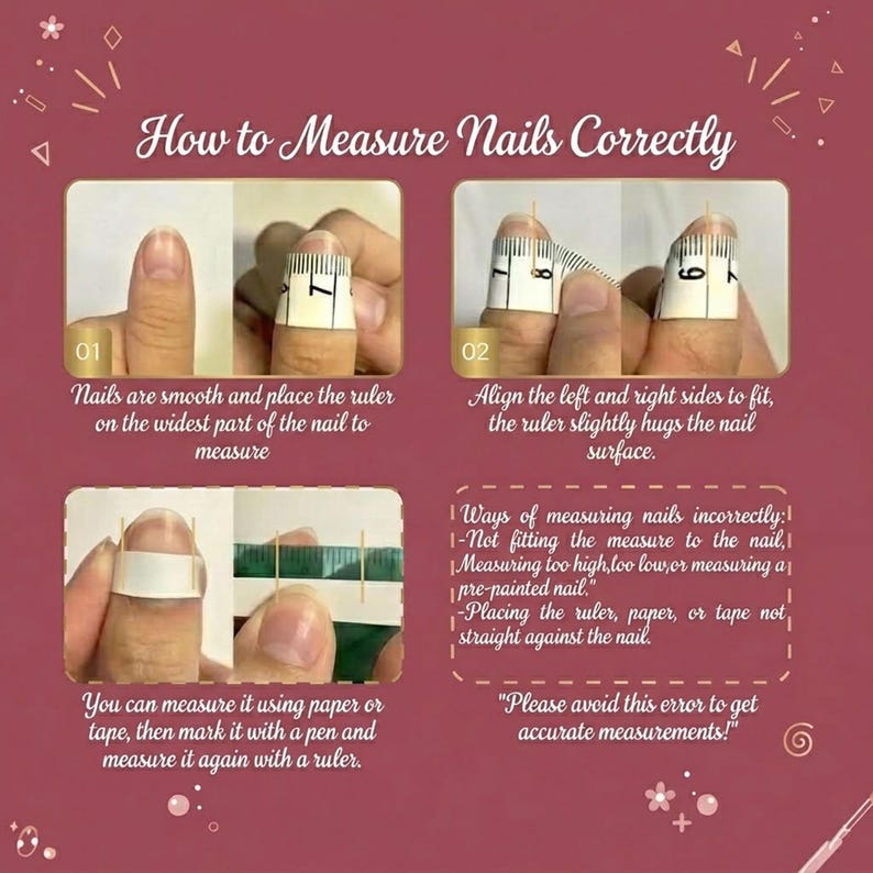 Puede incluir: Una infograf&iacute;a instructiva titulada How to Measure Nails Correctly sobre un fondo rosa oscuro. Incluye cuatro pasos numerados que muestran un dedo con una cinta m&eacute;trica, adem&aacute;s de texto que explica c&oacute;mo medir las u&ntilde;as y errores comunes a evitar.