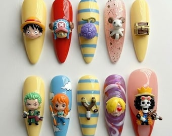 Handmade One Piece Press On Nails, 3D Luffy Chopper Zoro Nami Sanji Art, Cute Anime Pirate Devil Fruit, Kawaii Manga Cosplay Nails