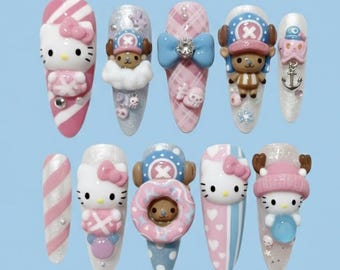 Handmade Hello Kitty Chopper Press On Nails, 3D Sanrio One Piece Crossover Art, Cute Pink Blue Anime, Kawaii Pirate Cat Manicure