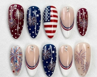 Handmade Patriotic Fireworks Press On Nails | Red White Blue Independence Day Art | USA Celebration Almond Nail Set