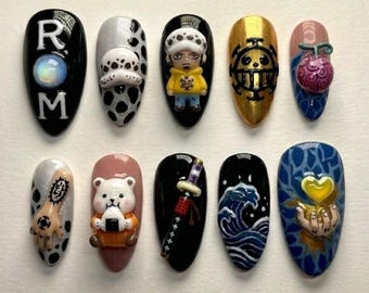 Handmade Anime Pirates Press On Nails, 3D Surgeon of Death Heart Pirate Art, Ope Ope Fruit Design, Anime Fan Gift