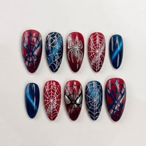 Handmade Superhero Inspired Press On Nails | Luxury Glitter Web Design Art | Comic Custom Nails Set