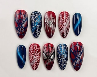 Unghie finte fatte a mano ispirate ai supereroi / Design web di lusso con glitter / Set di unghie personalizzate a tema fumetti