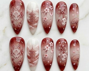 Handmade Japanese Kitsune Press On Nails | Sakura Fox Pagoda Bow Design | Red Ombre Asian Aesthetic Nails Set