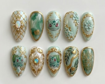 Handmade Po.ke.mon Botanical Press On Nails | Luxury Bulbasaur & Jade Garden Art | Vintage Floral Custom Nails Set