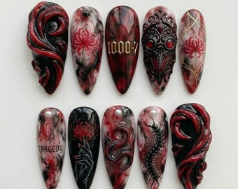 Gothic Horror Anime Press On Nails | Blood Red Snake Centipede Nails | Dark Manga Witchy Nails | Creepy 3D Nail Set