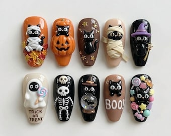 Handmade Halloween Cat Press On Nails | Cute 3D Black Cat Mummy Witch & Pumpkin Art | Spooky Kawaii Custom Nails Set