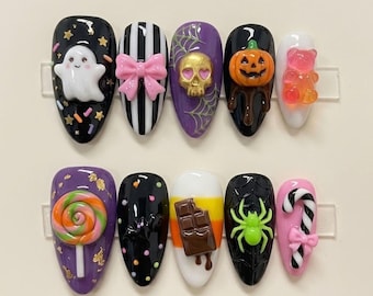 Handmade Kawaii Halloween Press On Nails | Luxury 3D Candy, Spider & Ghost Art | Sweet Spooky Custom Nails Set