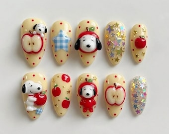 Handmade Kawaii Apple Puppy Press On Nails | Luxury 3D Cute Puppy, Apple & Star Confetti Art | Sweet Custom Nails Set