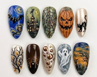Handmade Spooky Halloween Press On Nails | Luxury 3D Pumpkin, Spider Web & Black Cat Art | Haunted Gothic Custom Nails Set