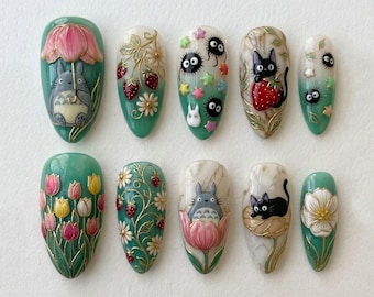 Totoro Cottagecore Press On Nails | Strawberry Cat & Soot Sprite Nail Art | Cute Anime Floral Nails