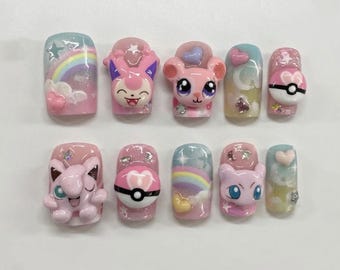 Handmade Kawaii Pokemon Press On Nails | Luxury 3D Jigglypuff Mew & Pokeball Art | Pastel Pink Custom Nails Set