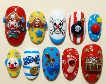 Poussette une pièce faite main le clown, presse sur les ongles, art 3D anime pirate Jolly Roger, ensemble de trésors Nez rouge