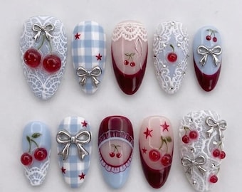 Handmade Cherry Cottagecore Press On Nails | Luxury 3D Lace French Tip & Cherry Art | Elegant Baby Blue Custom Nails Set