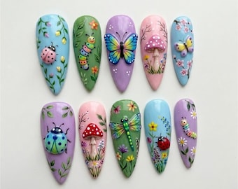 Handmade Fairy Garden Press On Nails | Butterfly Ladybug & Mushroom Nail Art | Cute Pastel Spring Nails