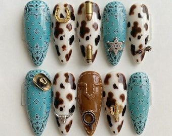Handmade Western Cowboy Press On Nails | Turquoise Bandana & Cow Print Art | Rustic Country Nail Set
