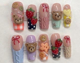 Handmade Teddy Bear Strawberry Press On Nails | 3D Bear Charms, Knit Sweater & Sweet Berry Art | Luxury Kawaii Almond Set