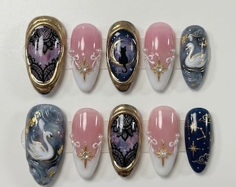 Ongles pour chat céleste | ongles camée vintage | Ongles de cygne romantiques | Ongles galaxie étoile lune | Lot d'ongles roses coquettes