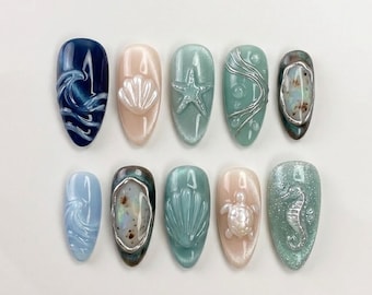 Handmade Ocean Treasure Press On Nails | Luxury 3D Seashell & Starfish Art | Coastal Mermaid Custom Nails Set