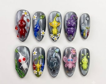 Handmade Pikmin Inspired Press On Nails | Luxury Forest Flower Character Nail Art | Kawaii Gamer Custom Nails Set