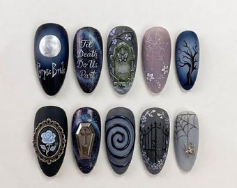 Handmade Corpse Bride Inspired Press On Nails | Gothic Cemetery & Blue Rose Art | Dark Romance Custom Set