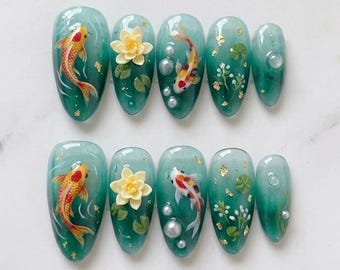 Koi Fish Press On Nails | 3D Flower Nails, Jade Green Nails, Water Garden Nails, Gold Foil Nail Art, Handmade Nail Set