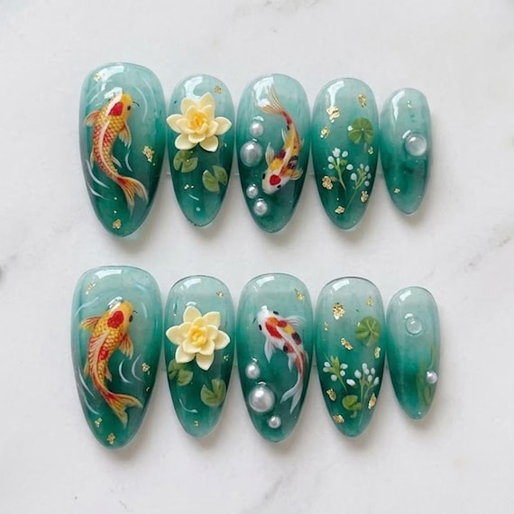 Koi Fish Press On Nails | 3D Flower Nails, Jade Green Nails, Water Garden Nails, Gold Foil Nail Art, Handmade Nail Set
