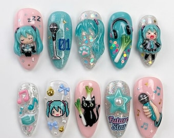 Handmade Kawaii Press On Nails | Luxury 3D Vocaloid Music Idol Art | Cute Glitter Custom Nails Set