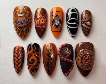 Handmade Anime Pirate Inspired Press On Nails | 3D Fire Fist & Pirate Hat Art | Orange Flame Anime Custom Nails Set