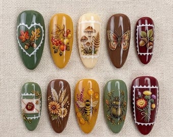 Handmade Autumn Cottagecore Press On Nails | Vintage Mushroom Bee & Butterfly Art | Fall Botanical Forest Custom Nails Set